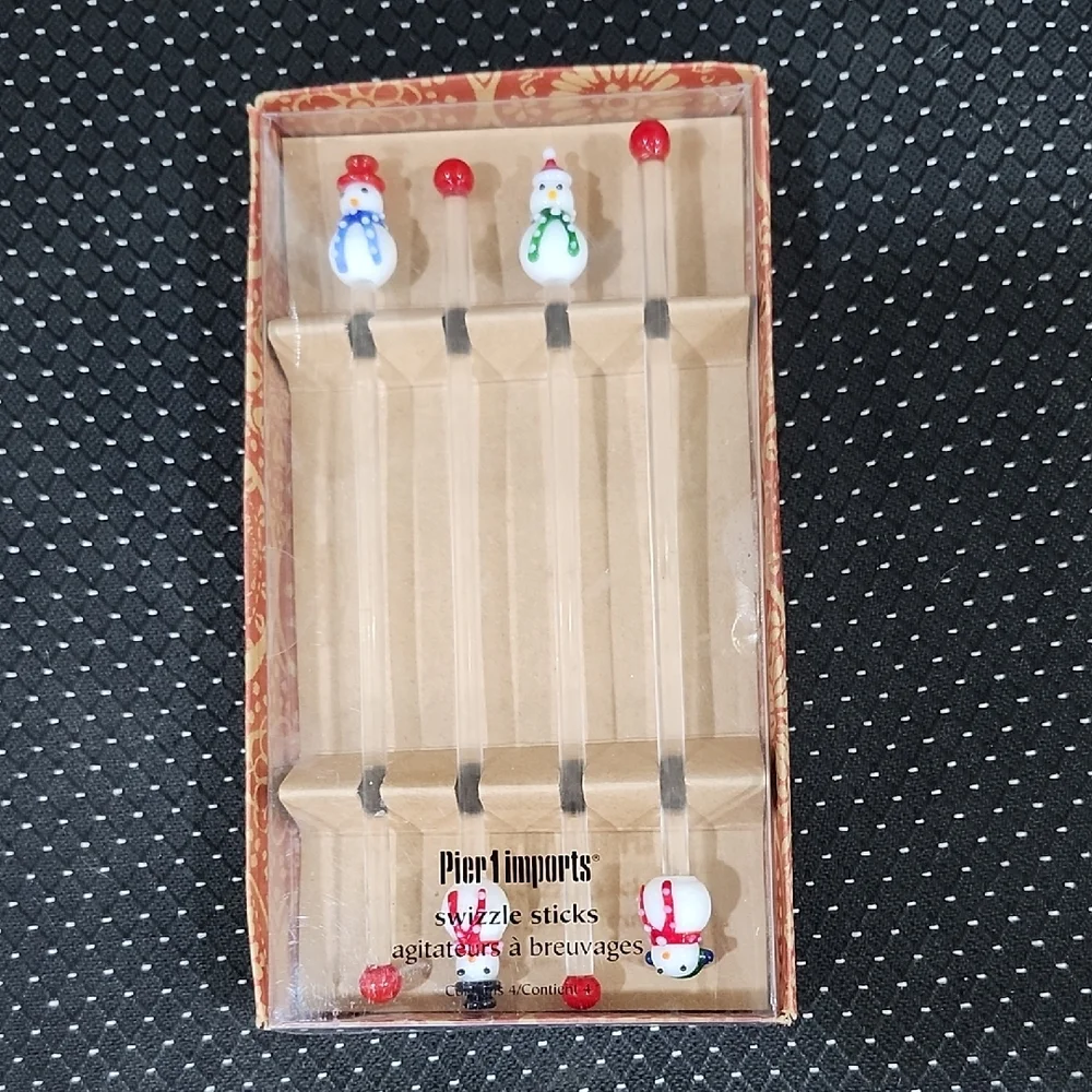 PIER 1 IMPORTS BLOWN GLASS SNOWMAN SWIZZLE STICKS SET